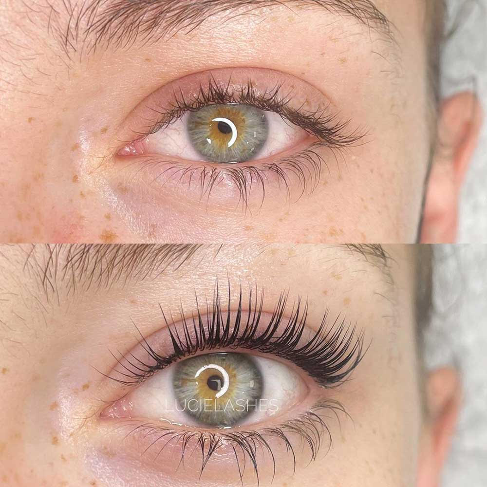 Above shows someone's natural lashes before a lash lift, and below shows the same eye with longer and fuller, still natural looking lashes after a lash lift and tint.